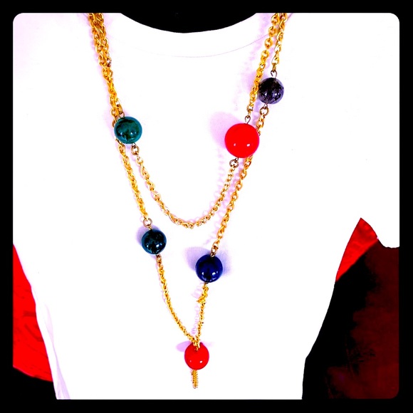Gold tone chain necklace with bright colored balls - Picture 4 of 12